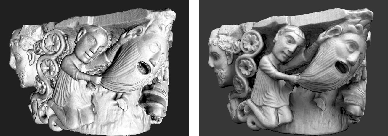 Fig. 1 – A digital model produced with 3D scanning from a medieval capitol (S. Matteo Museum, Pisa, Italy); on the left is the digital model rendered as a standard grey surface, while the image on the right is rendered after mapping color detail to the 3D mesh.