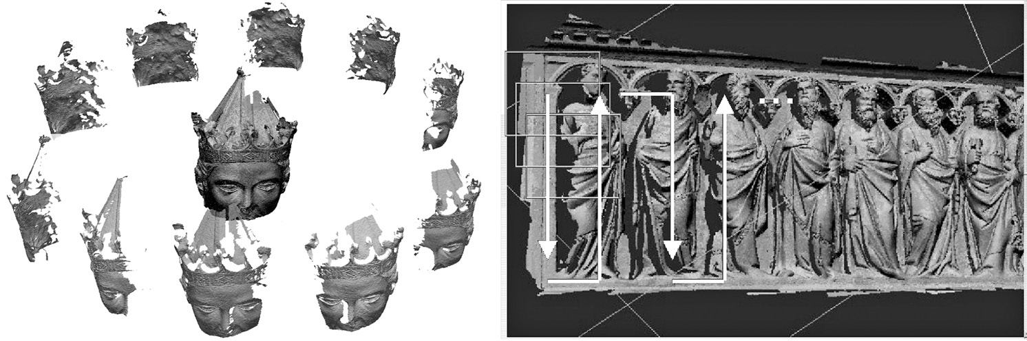 Fig. 2 – Range maps are taken in a row-wise order: an example of circular stripe around a statue’s head (left); an example of raster-scan scanning order adopted for the acquisition of a bas-relief (right).