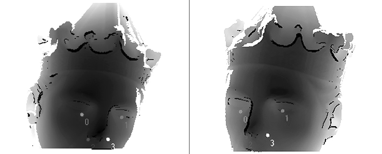 Fig. 3 – The four matching point pairs selected by the algorithm on two range maps.