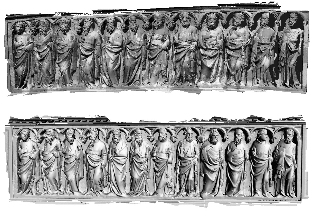 Fig. 4 – The coarse alignment of the bas-relief (top) and the final model (middle); almost all of the alignments required just 1 iteration.