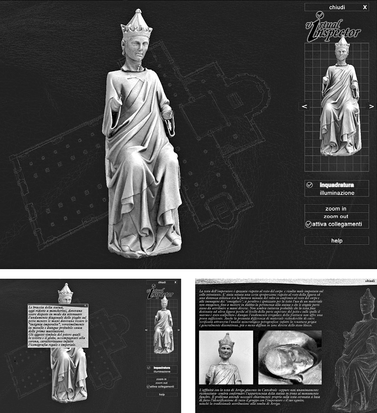 Fig. 5 – Virtual Inspector: the “Arrigo VII” statue rendered with active hot spots (top); a short popup panel with a short info, describing the missing hand, appears when the mouse passes over the hotspot located on the hand (left), or a more complex page associated to the hotspot on the neck (right).