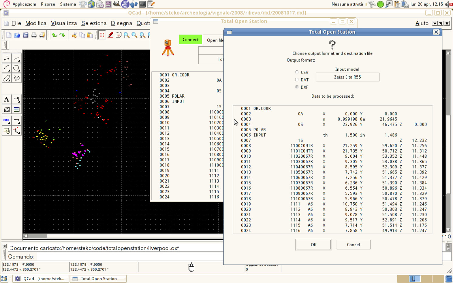 Fig. 1 – Una schermata di Total Open Station. Sullo sfondo i dati esportati in formato DXF visualizzati nel programma QCAD.