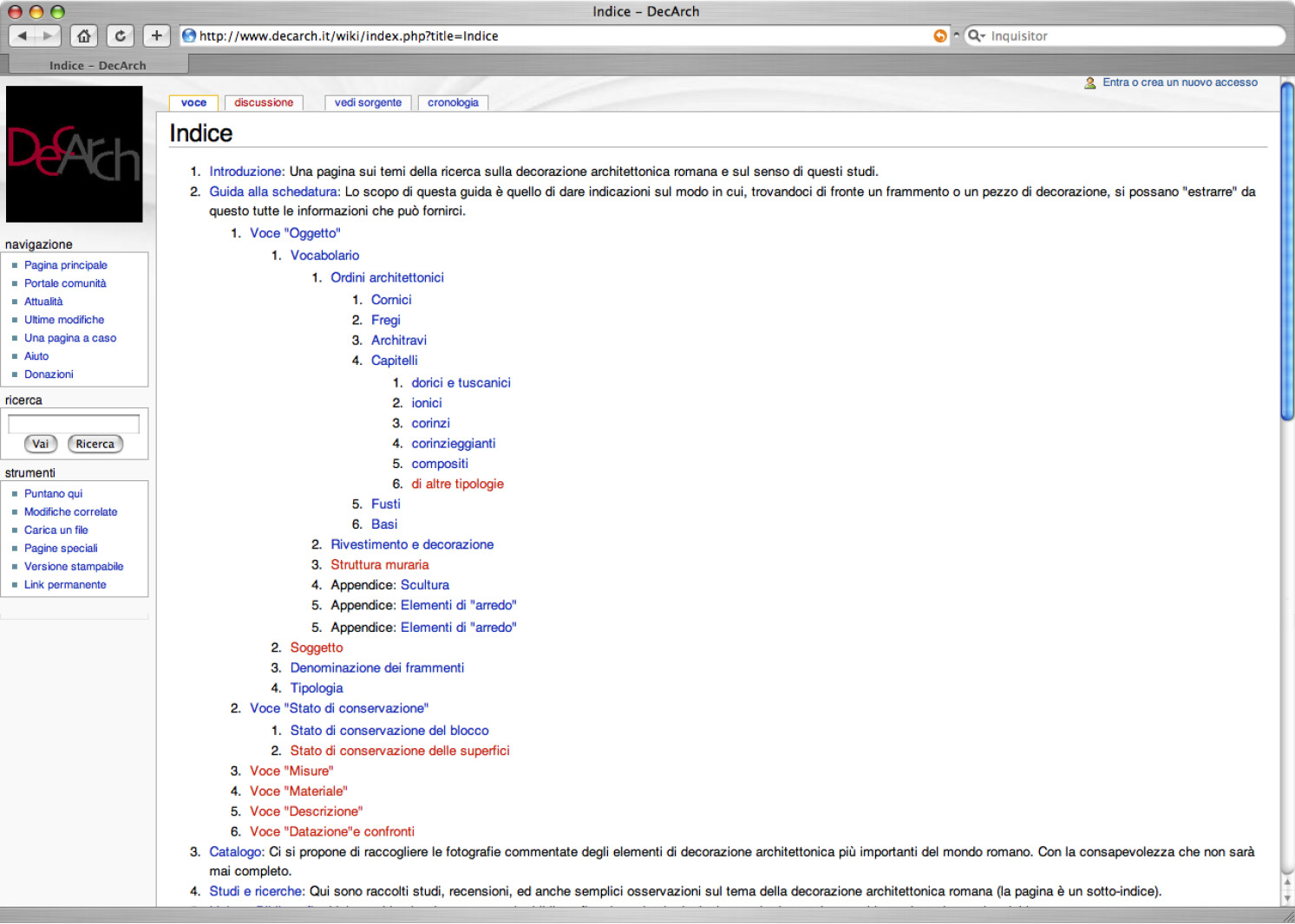 Fig. 5 – Screenshot della sezione relativa alla “Guida ai Contenuti” di DecArch.