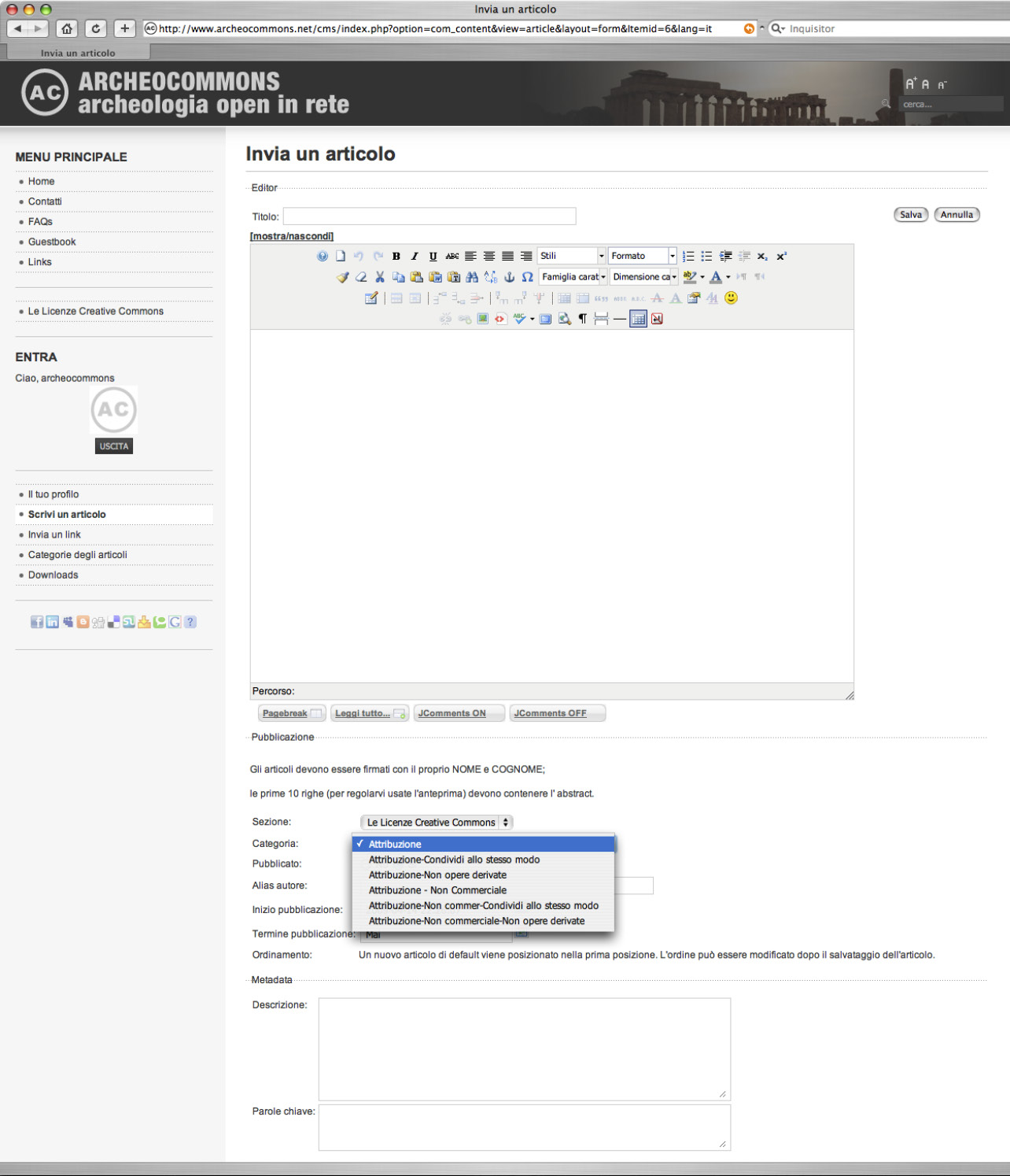 Fig. 6 – Screenshot dell’editor di testo di ArcheoCommons con il menu a tendina relativo alla scelta delle licenze CC.