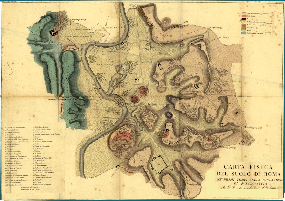 Fig. 7 – “Carta fisica del suolo di Roma nei primi tempi della fondazione di questa città” redatta nel 1820 dal naturalista Giovanni Battista Brocchi (Brocchi 1820).