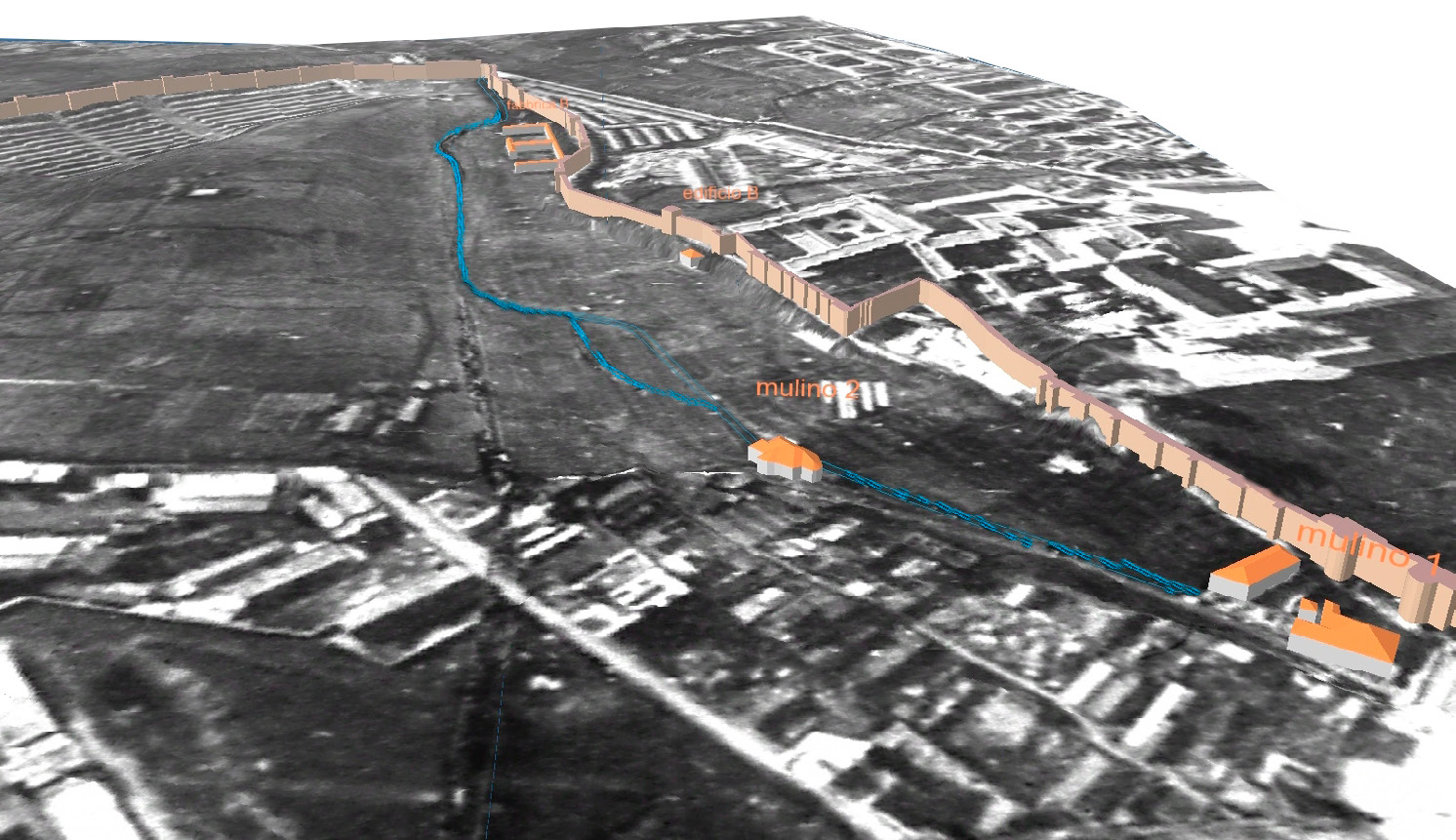 Fig. 8 – Il territorio tra Porta Maggiore e Porta Metronia, restituzione 3D dello stato dei luoghi agli inizi del XX secolo (altimetria da IGM 1906 su foto aerea Alberto Nistri 1919).