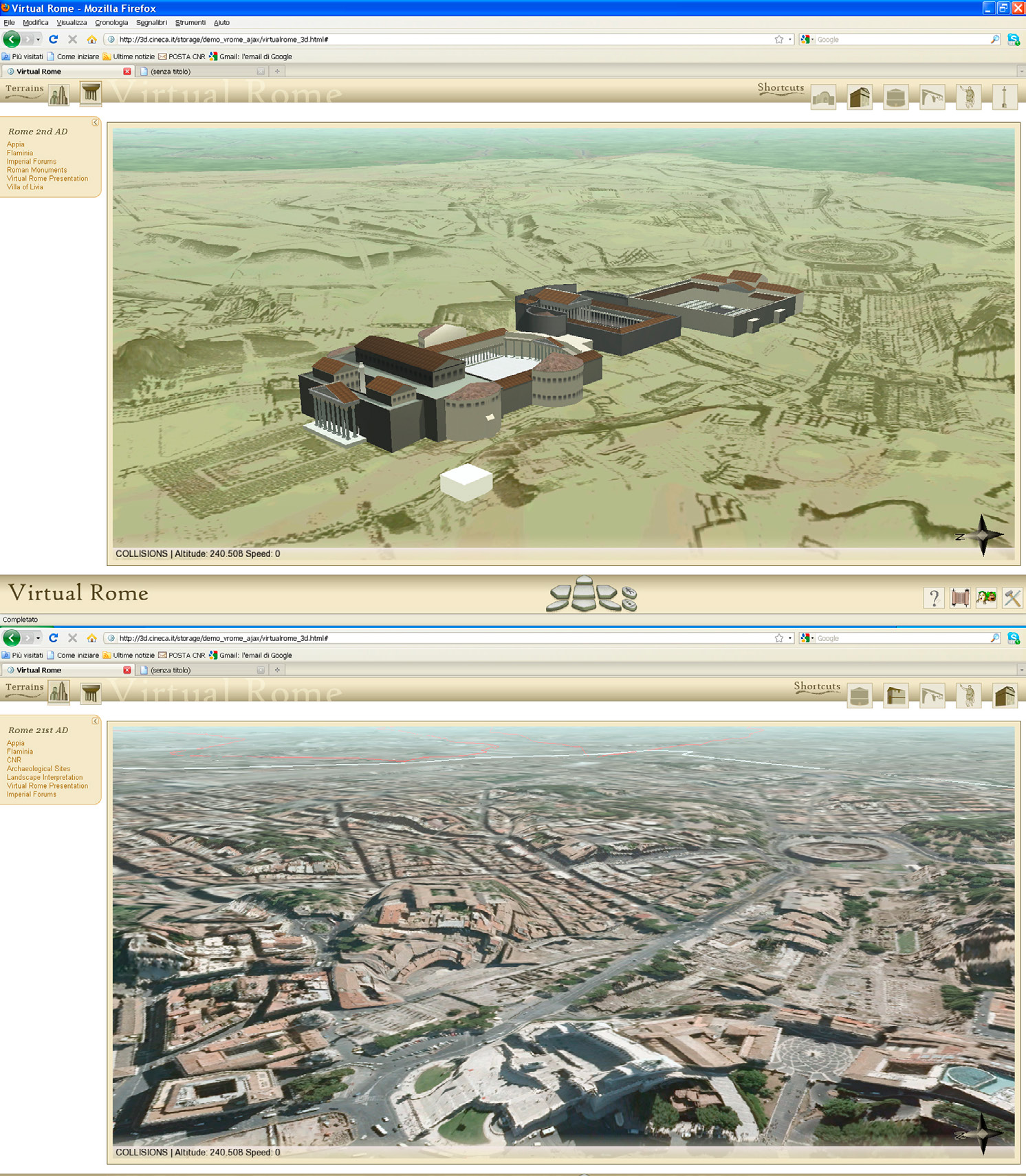 Fig. 3 – Virtual Rome: front end. Un momento dell’esplorazione della zona dei Fori come appare oggi sulle foto aeree e come è stata descritta dal Lanciani nella sua Forma Urbis.