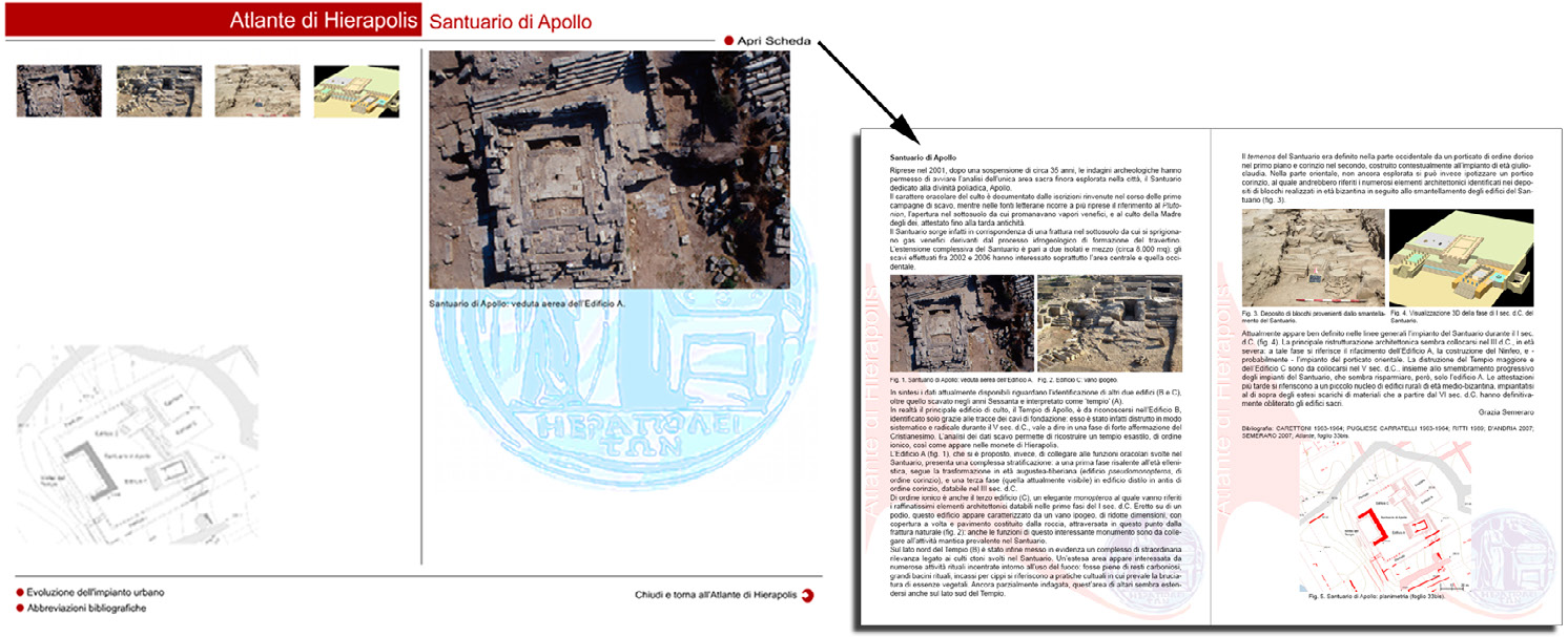 Fig. 3 – La scheda relativa al Santuario di Apollo: a sinistra, l’anteprima delle fotografie del monumento; dal tasto “Apri scheda” si accede alla descrizione del monumento in formato *.pdf (a destra).