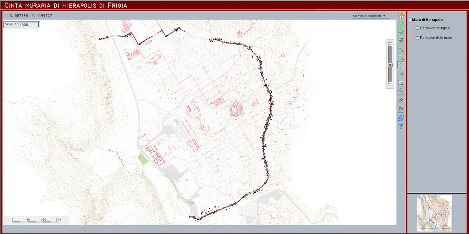 Fig. 7 – Localizzazione dei materiali architettonici di reimpiego rilevati con GPS differenziale lungo il circuito delle mura proto-bizantine di Hierapolis.