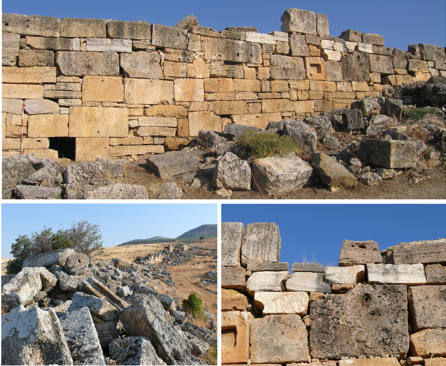 Fig. 9 – Alcune vedute della cinta muraria proto-bizantina di Hierapolis: da notare la quantità di materiali di reimpiego e la sistemazione dei sedili in marmo provenienti dalla demolizione del Teatro Nord.