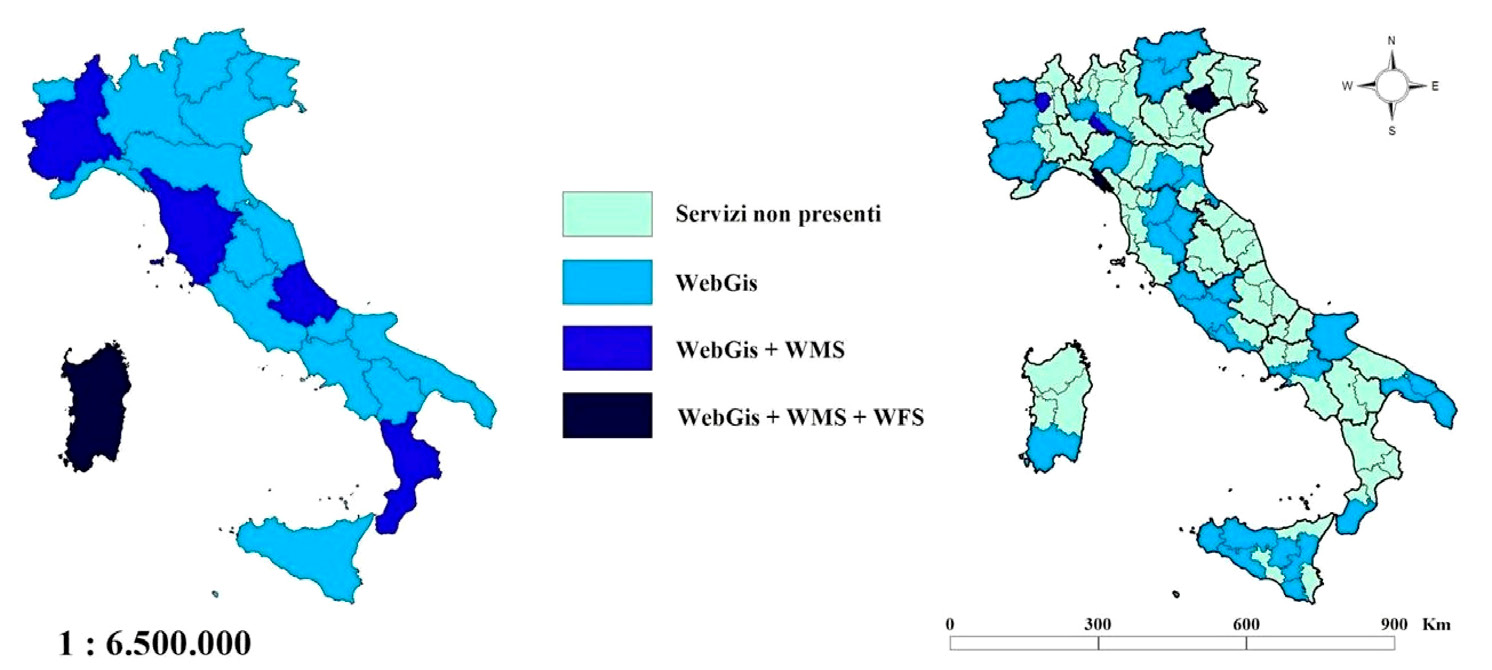 Fig. 2 – Servizi Web-Gis e specifiche OGC nelle Regioni (sx) e nelle Province (dx) italiane.