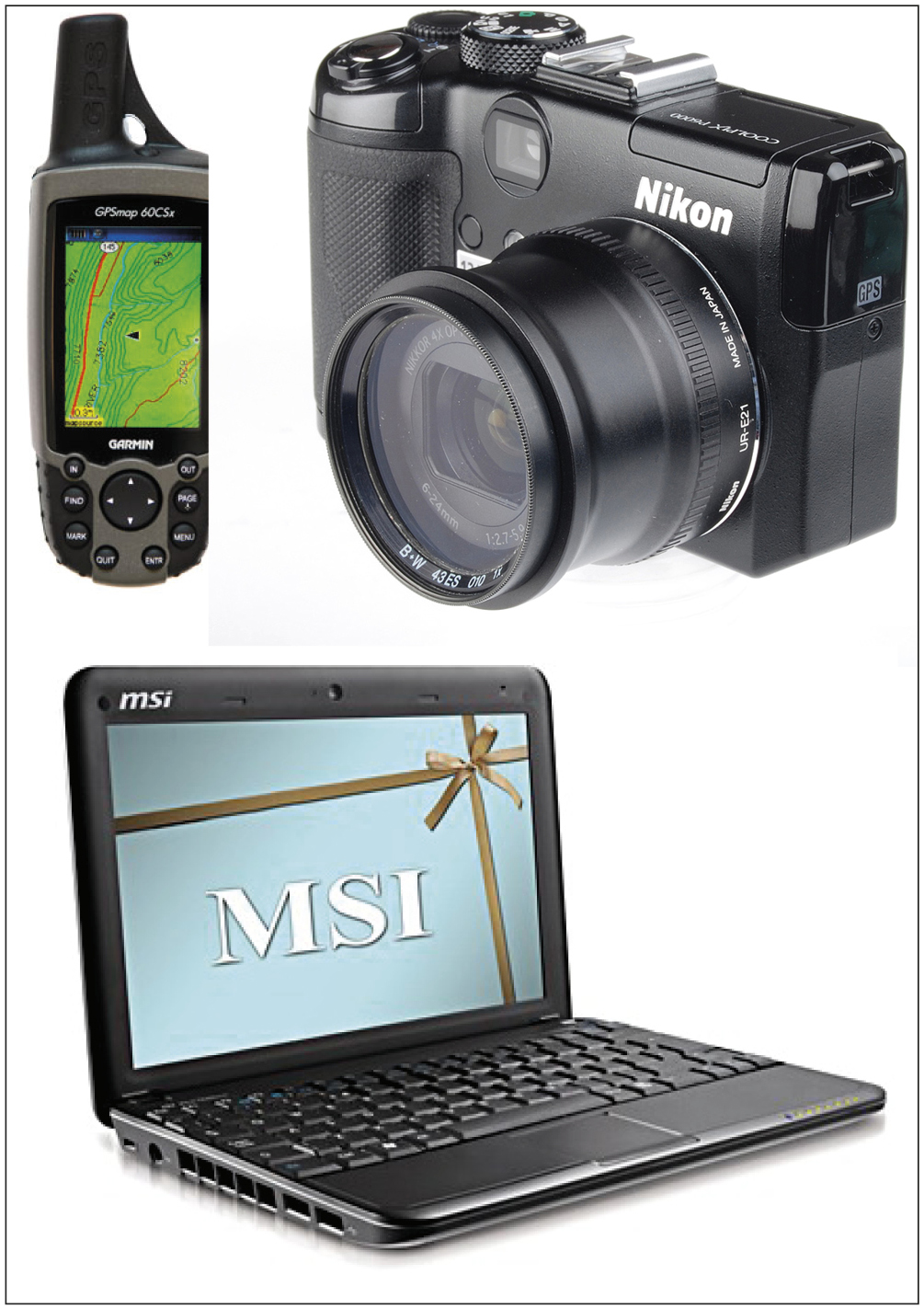 Figg. 1-3 – 1. Ricevitore GPS Garmin CSX60; 2. Macchina fotografica Nikon CoolPix P6000; 3. PC portatile MSI U100.