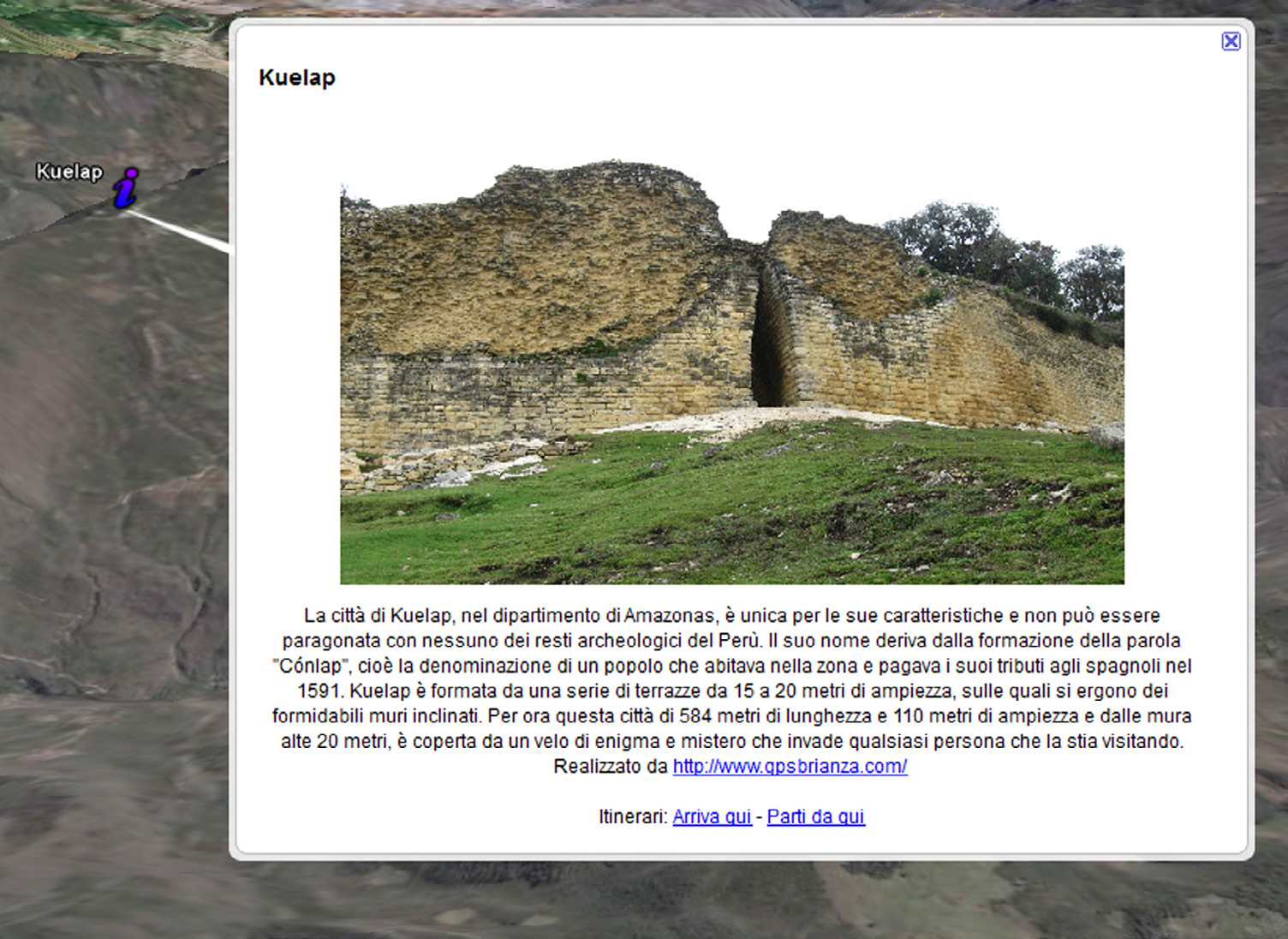 Fig. 4 – Pop up relativo al sito di Kuelap – interfaccia Google Earth.