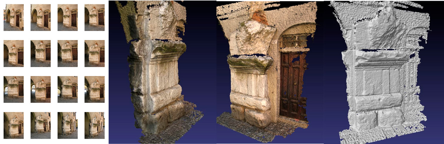 Fig. 1 – Esempi di oggetti 3D generati dal sistema ARC3D (elaborazione dati effettuata con MeshLab).