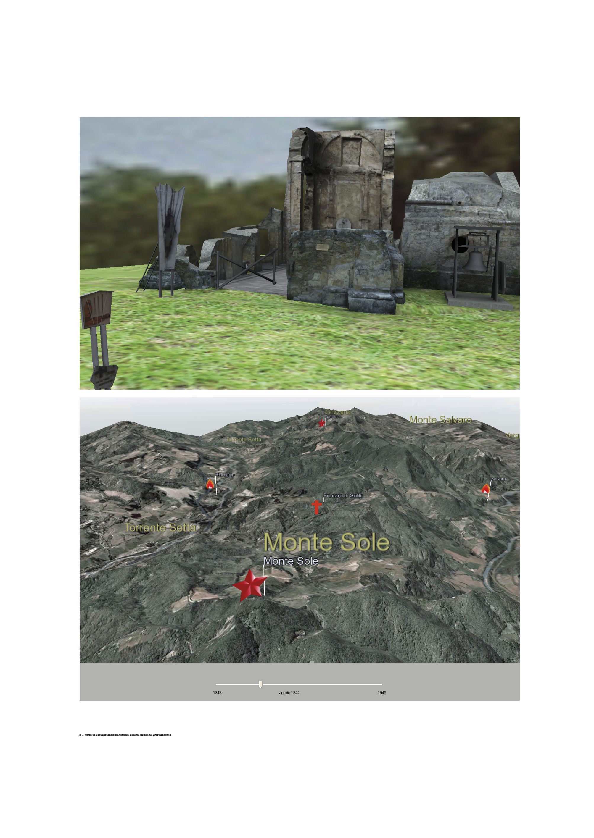 Figg. 2-3 – Ricostruzione della chiesa di Casaglia nella zona dell’eccidio di Marzabotto e DTM dell’area di Monte Sole con simboli relativi agli eventi verificatisi sul territorio.