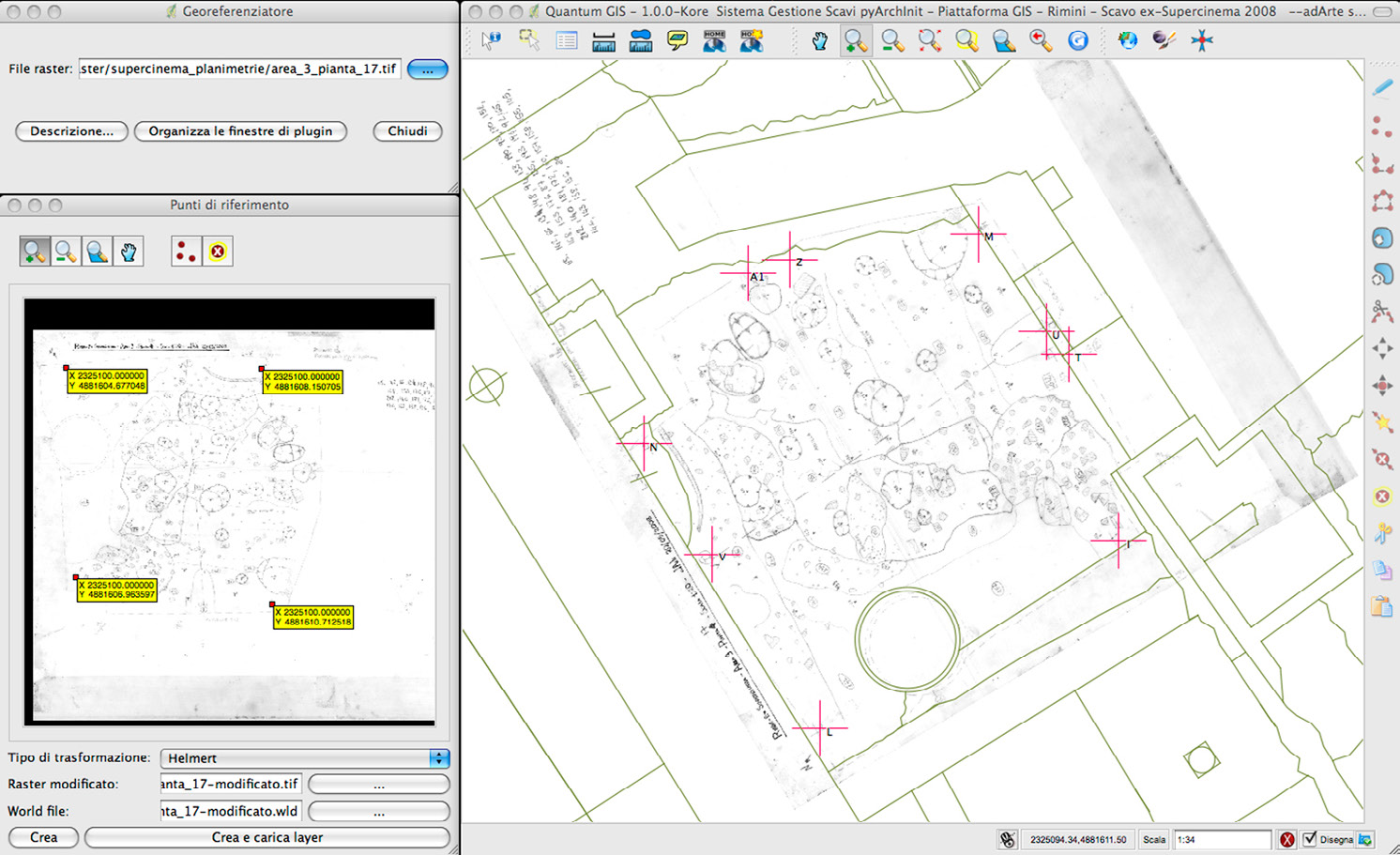 Fig. 1 – Georeferenziazione della pianta di strato mediante QGIS.