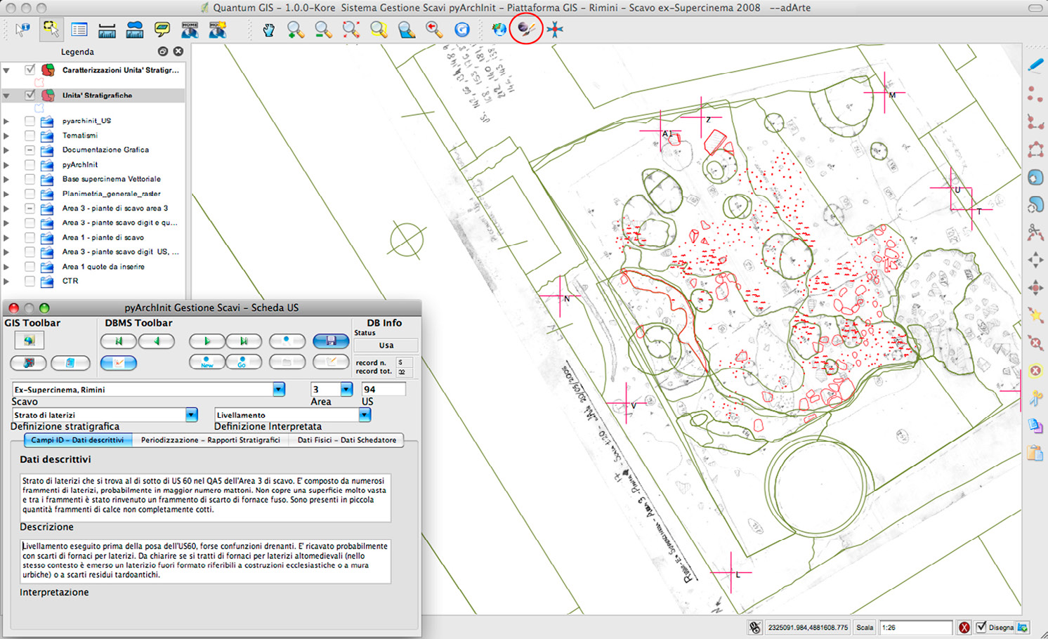 Fig. 3 – Compilazione delle schede US mediante pyArchInit attivato come plugin su QGIS. Nel cerchietto è visibile il pulsante di attivazione del plugin.