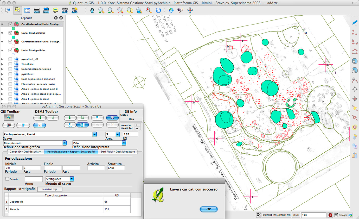 Fig. 6 – Sono evidenziate le US caricate su QGIS da pyArchInit e prelevate da PostgreSQL in base alla precedente ricerca (vedi Fig. 5).