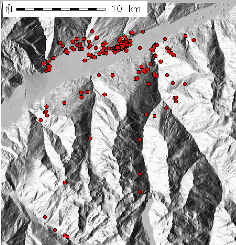 Fig. 1 – DTM e siti archeologici (campione) della zona considerata.