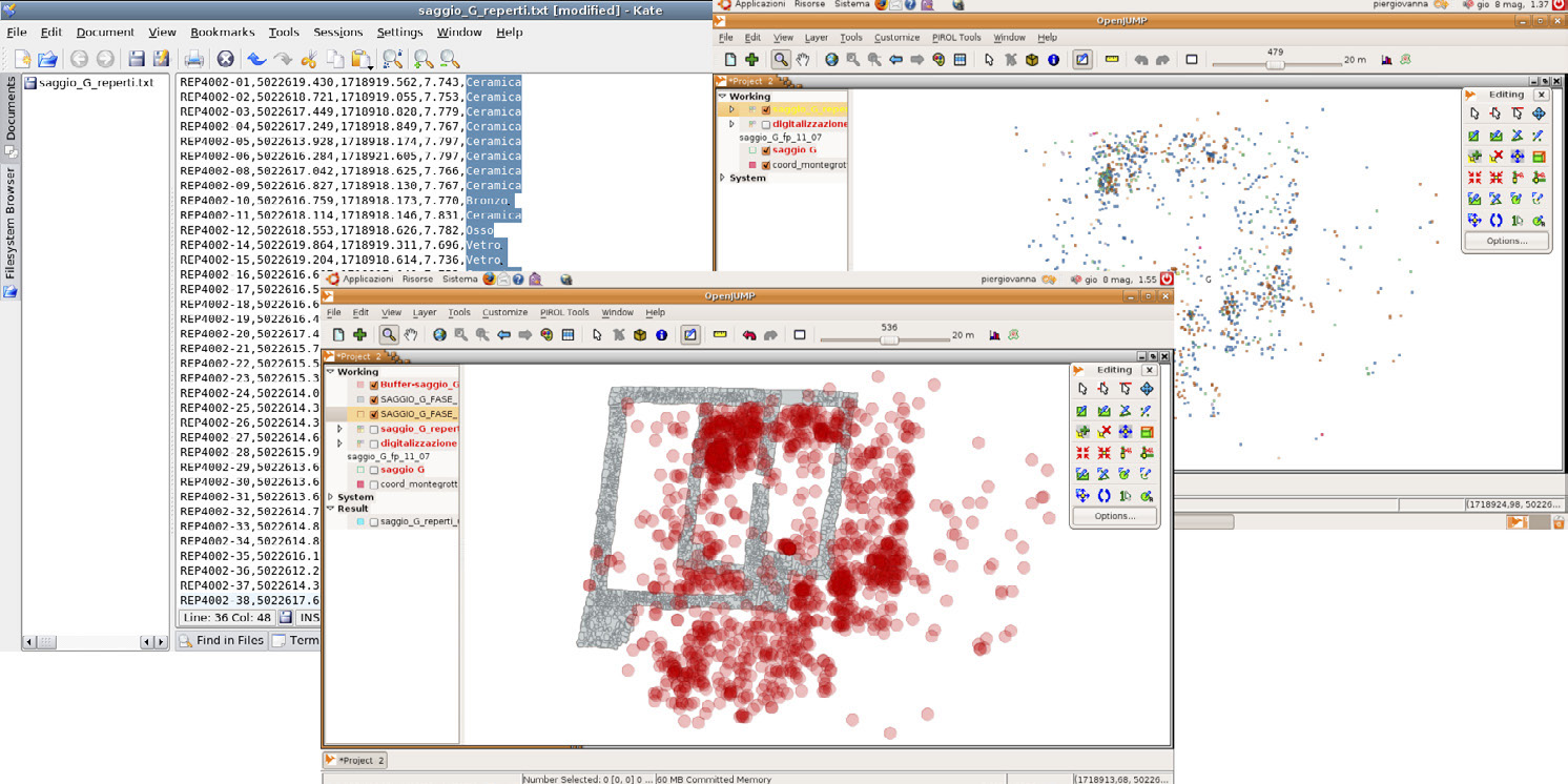 Fig. 3 – Elaborazione ed editazione di file di testo, punti reperto, mappe tematiche, mappe distribuzione.