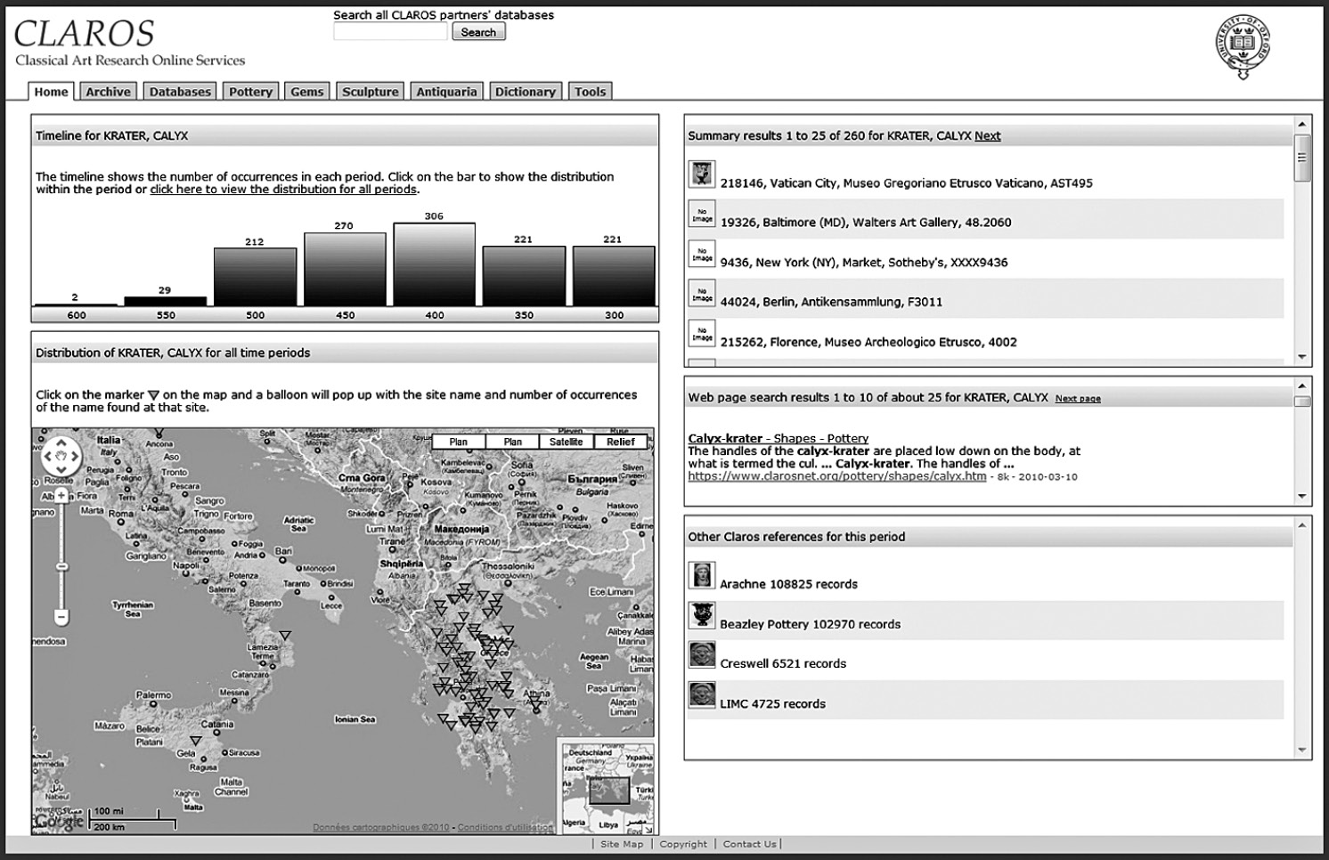 Fig. 5 – Prototype de l’écran CLAROS avec liste des réponses, curseur chronologique, statistiques, carte interactive et liens vers les sites des partenaires.