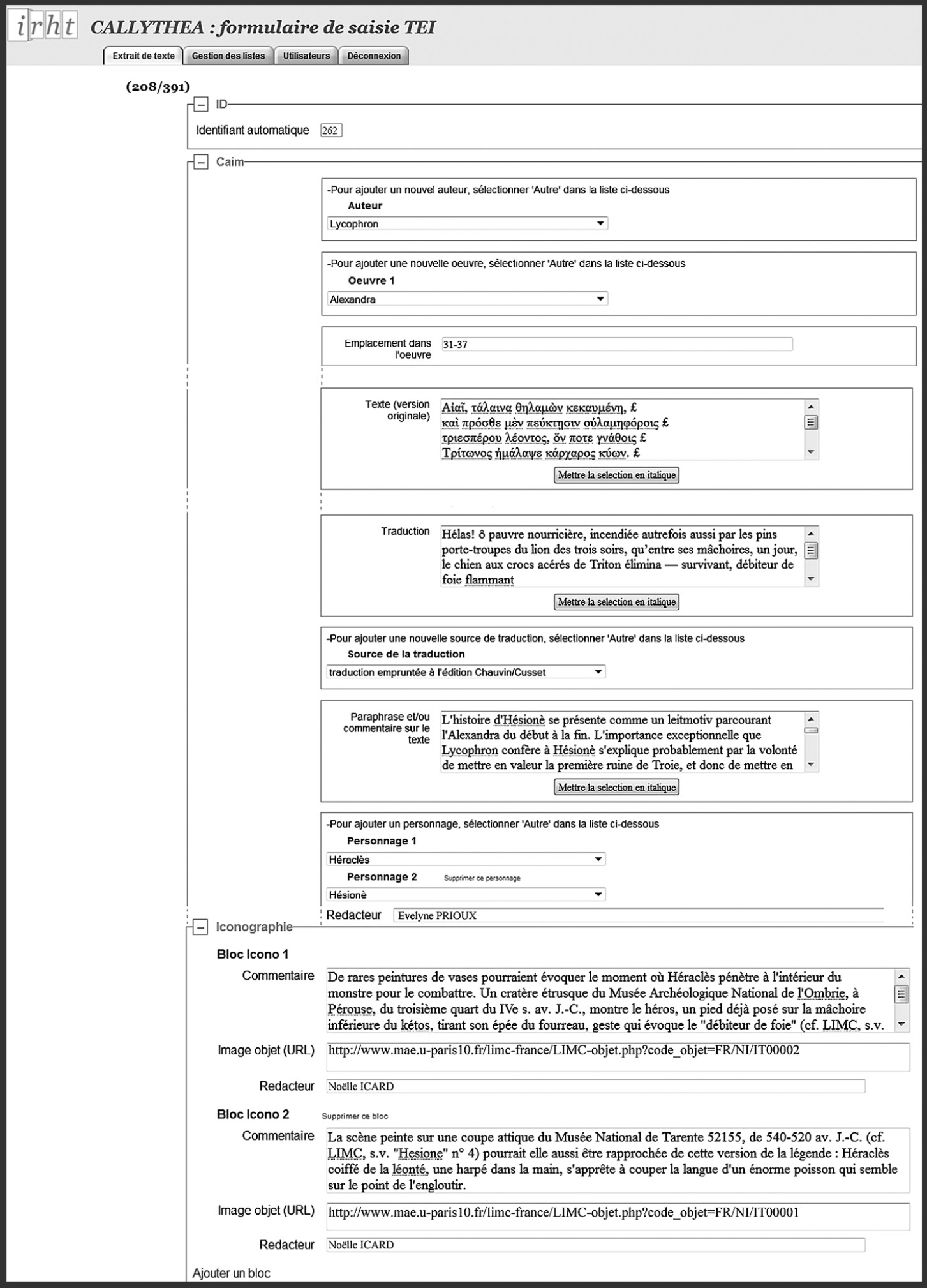 Fig. 7 – Extrait de l’interface de saisie des données Callythea (ID 262).