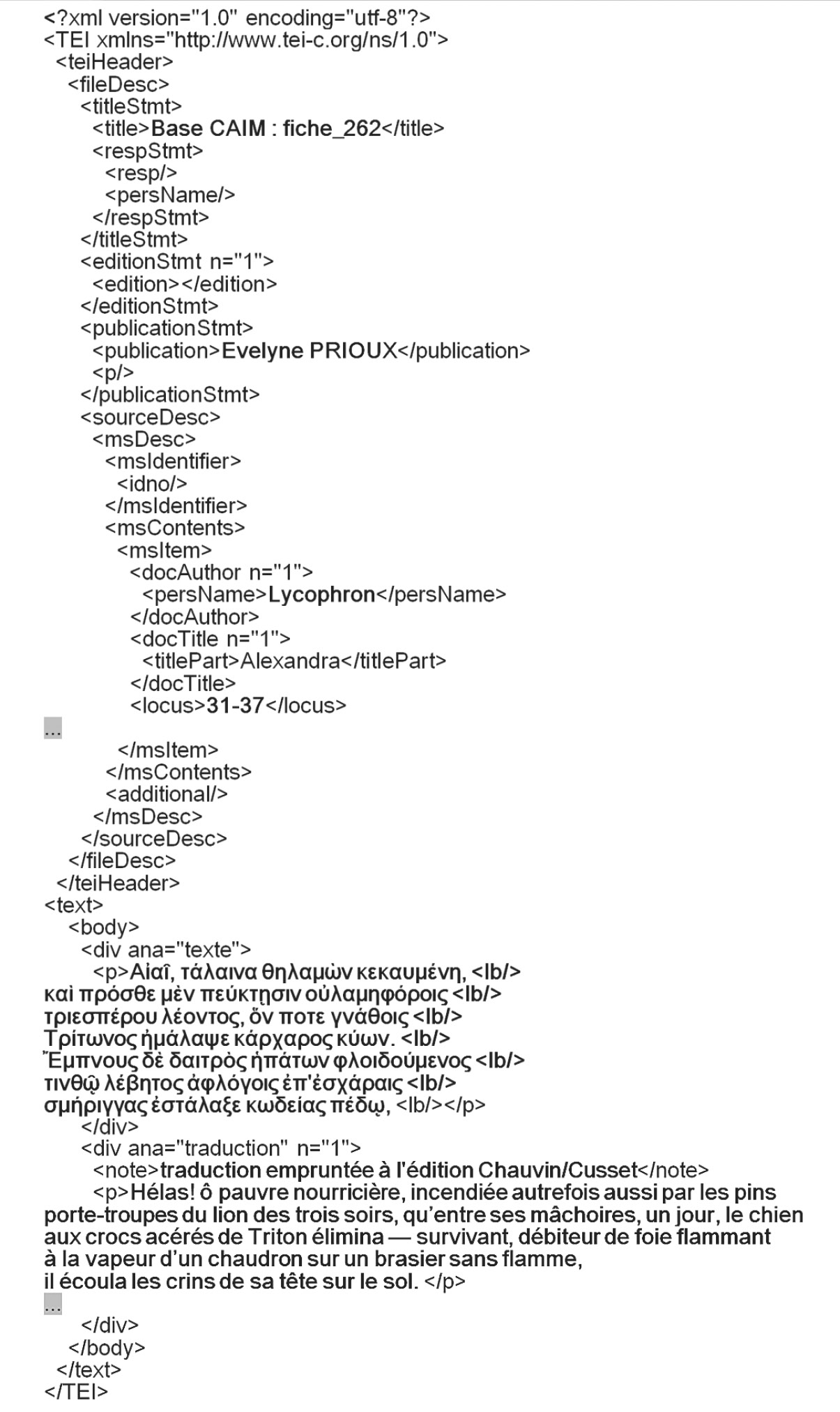 Fig. 8 – Extrait du fichier XML TEI de l’ID 262 de Callythea.