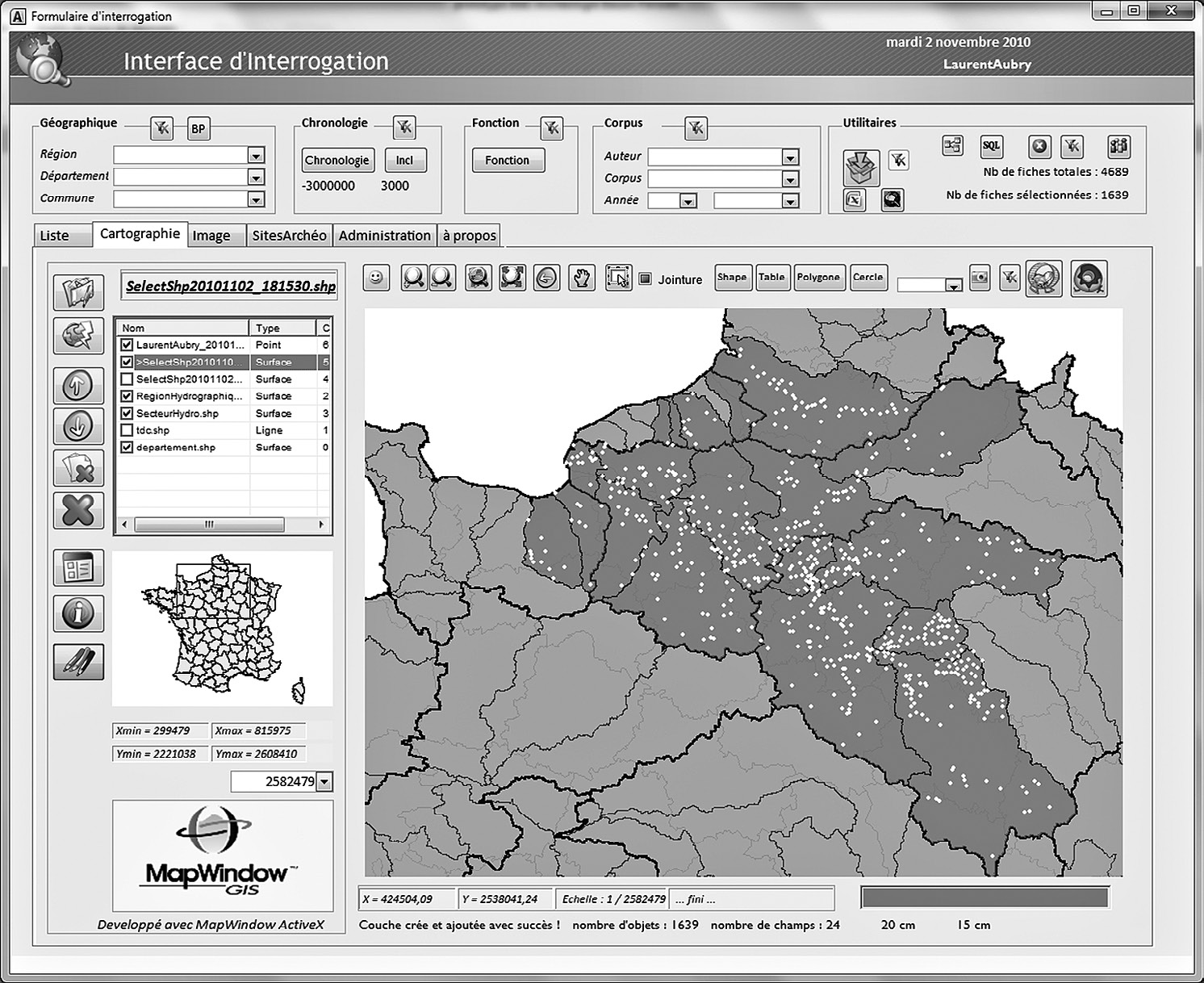 Fig. 9 – Sélection des sites présents dans les formes des secteurs hydrologiques sélectionnés à l’écran.