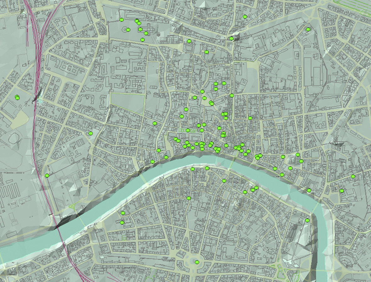 Fig. 1 – The location of the 91 elevation data available for the Late Middle Ages.