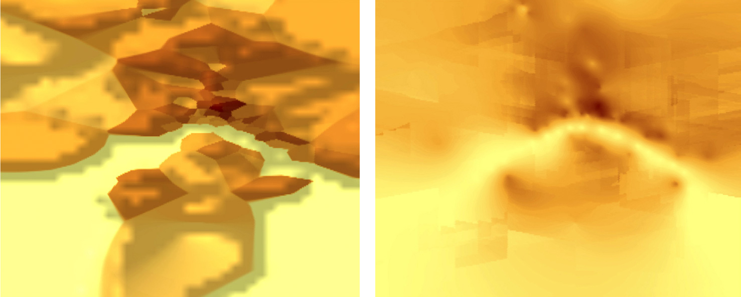 Figs. 2-3 – 2. The DTM obtained using IDW interpolation; 3. The DTM obtained using Kriging interpolation.