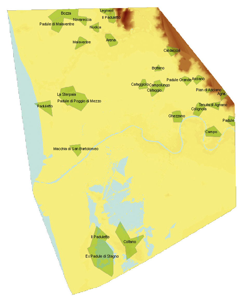 Fig. 6 – The selection by attibutes from toponymic vector map of features connected to marshy areas or mentioned as marshy areas in medieval documents.