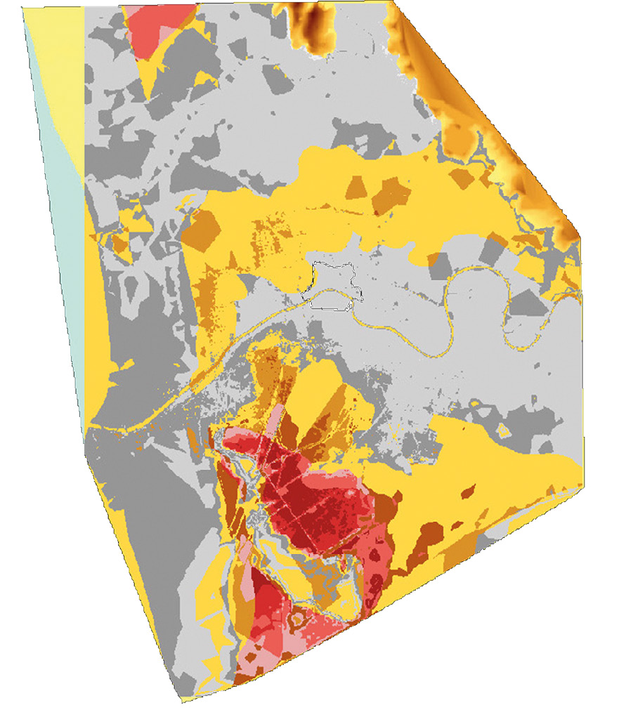 Fig. 7 – The map of potentially marshy. Reddish areas represent high potential for flooding; yellowish areas represent medium potential for flooding and greyish areas represent low potential for flooding.