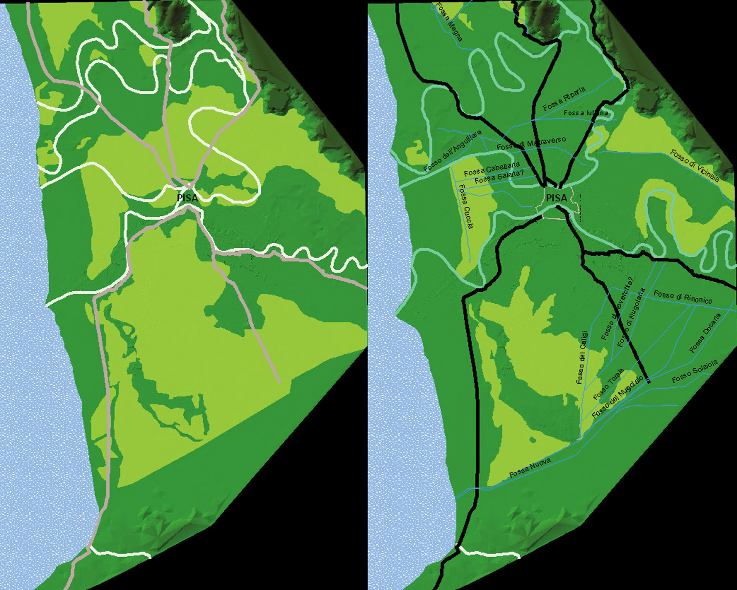 Fig. 8 – The result of this process is the hypothetical model of the landscape in the Early Middle Ages landscape (left) and in the Late Middle Ages (right), with the extent of the marshy areas, the road network and the rivers.