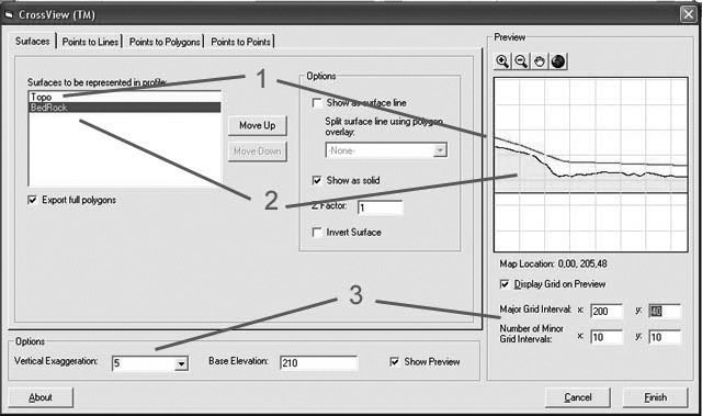 Fig. 7 – Utilisation de l’utilitaire CrossView (APrime Software pour ArcMap d’ESRI), servant à calculer de nouveaux fichiers de forme restituant les profils sédimentaires, et permettant d’y projeter différentes informations (points de mobiliers).