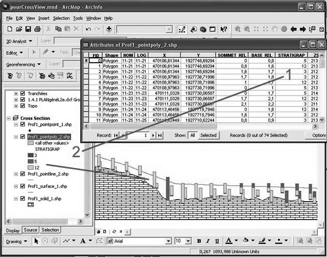 Fig. 8 – Exploitation des fichiers de formes produits par CrossView, pour l’affichage des profils stratigraphiques.