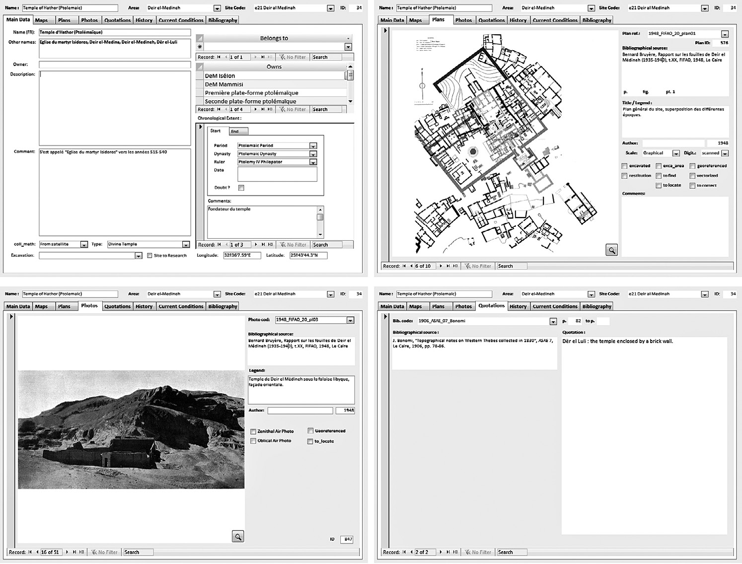 Fig. 2 – Formulaires de saisie et de consultation de la BDD à usage interne (Entités, Plans, Photos et Citations). Documents: Bruyère 1948, pl. I et III (© SCA/GIS Center, 2010).