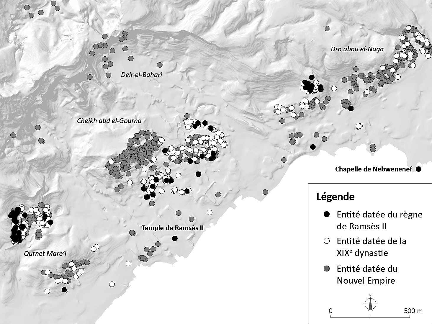 Fig. 4 – Carte de répartition des entités archéologiques datées du règne de Ramsès II, de la XIXe dynastie et du Nouvel Empire (© SCA/GIS Center, 2010).