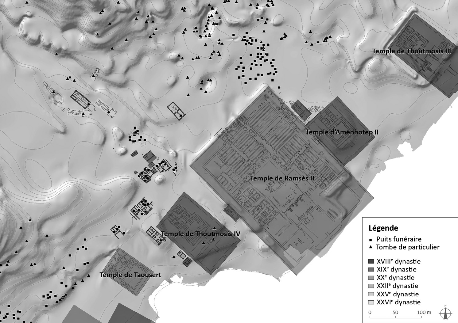 Fig. 6 – Carte de répartition des entités archéologiques en fonction de la typologie (entités ponctuelles) et de la chronologie (entités polygonales) (© SCA/GIS Center, 2010).