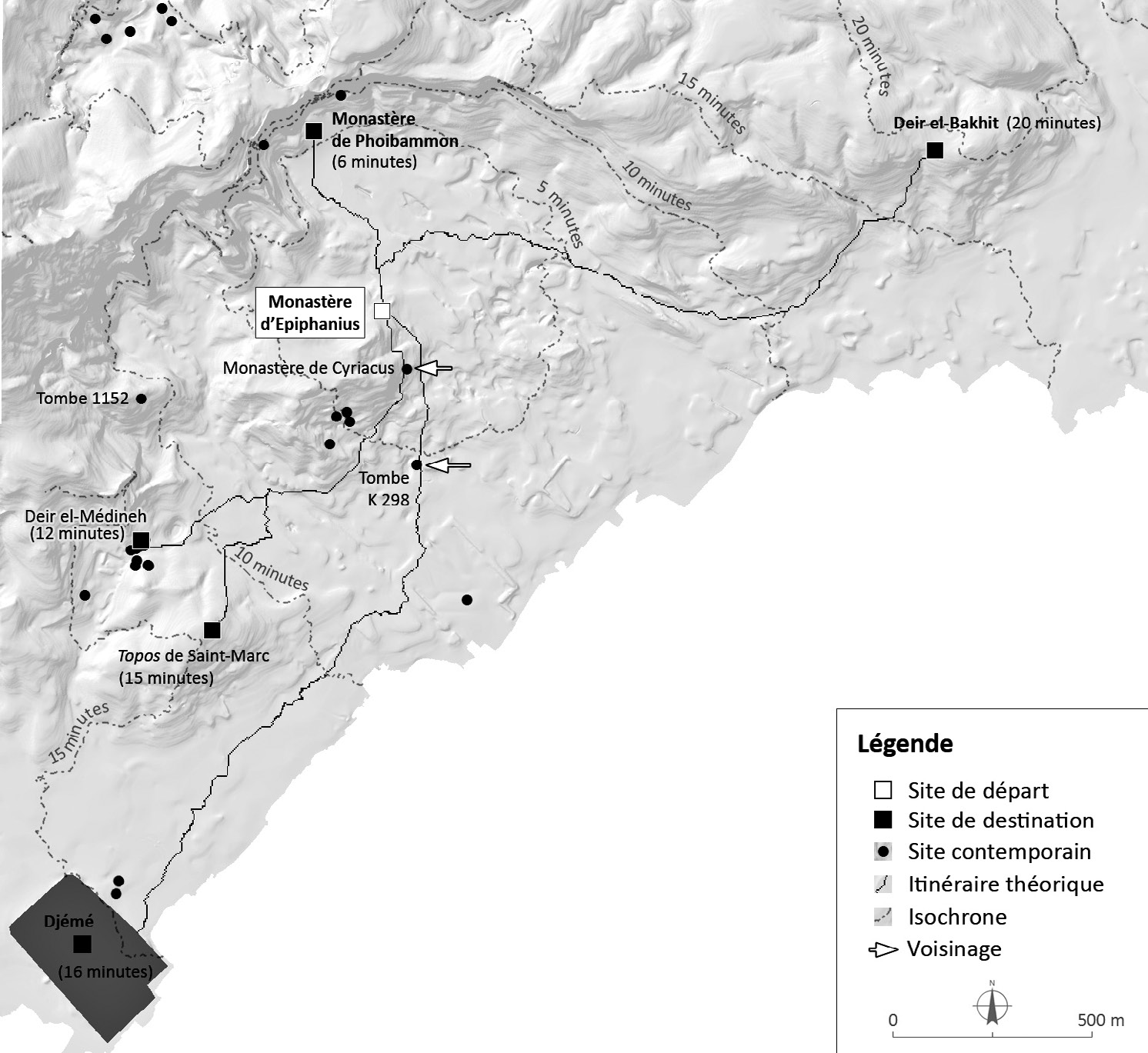 Fig. 7 – Utilisation du MNT pour la modélisation d’itinéraires optimaux entre les principaux sites d’époque byzantine. Les durées entre parenthèse indiquent le temps théorique nécessaire pour joindre le site de départ et le site de destination (© SCA/GIS Center, 2010).