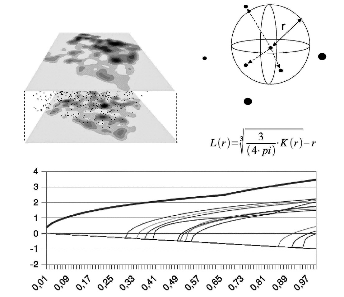 Fig. 5 – Géolocalisation en trois dimensions des constituants grossiers d’une couche massive de terres noires. La connaissance des coordonnées x, y, z des constituants grossiers permet d’en dessiner des cartes de densités (en haut à gauche), ou de calculer leur degré d’agrégation, par exemple avec l’indice de Ripley (en haut à droite). L’indice de Ripley permet de mesurer en trois dimensions l’écart entre la distribution observée et une distribution aléatoire (en bas). Ici, la courbe de la distribution observée (trait gras) est nettement au dessus de celles de plusieurs tirages aléatoires, pour un rayon de calcul de 0,01 m à 1 m. La distribution des constituants grossiers de cette zone de terres noires (ZAC-Amphithéâtre, Metz) est donc nettement agrégée, ce qui n’était pas perceptible sur le terrain.