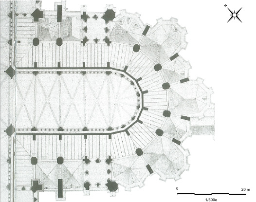 Fig. 3 – Coupe longitudinale de la cathédrale d’après la planche de J.-B.-A. Lassus reproduite en 2006 par Durand, Lassus, Leniaud, 3, sans échelle.