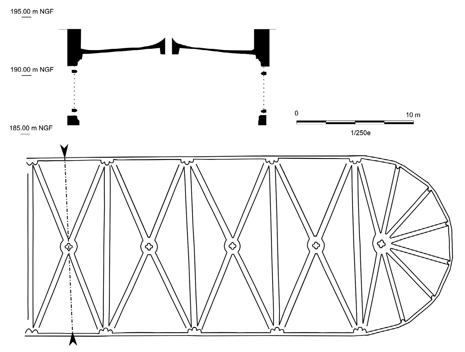 Fig. 6 – Profil en travers de la voute au milieu des deux premières travées du chœur; échelle 1/250e.