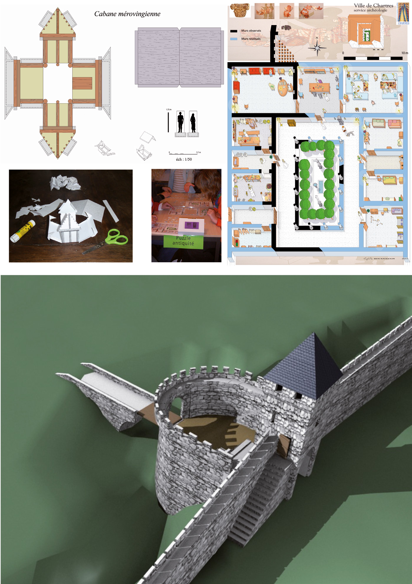 Fig. 3 – Matériel pédagogique proposé aux enfants: maquette de cabane mérovingienne et puzzle d’une domus gallo-romaine chartraine. Restitution de la barbacane de la porte Saint-Michel.