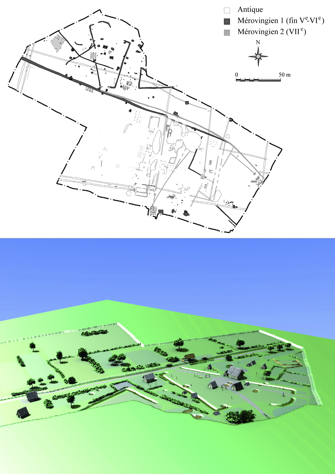 Fig. 4 – Plan et restitution de l’habitat mérovingien du site Le Radray (Gellainville).