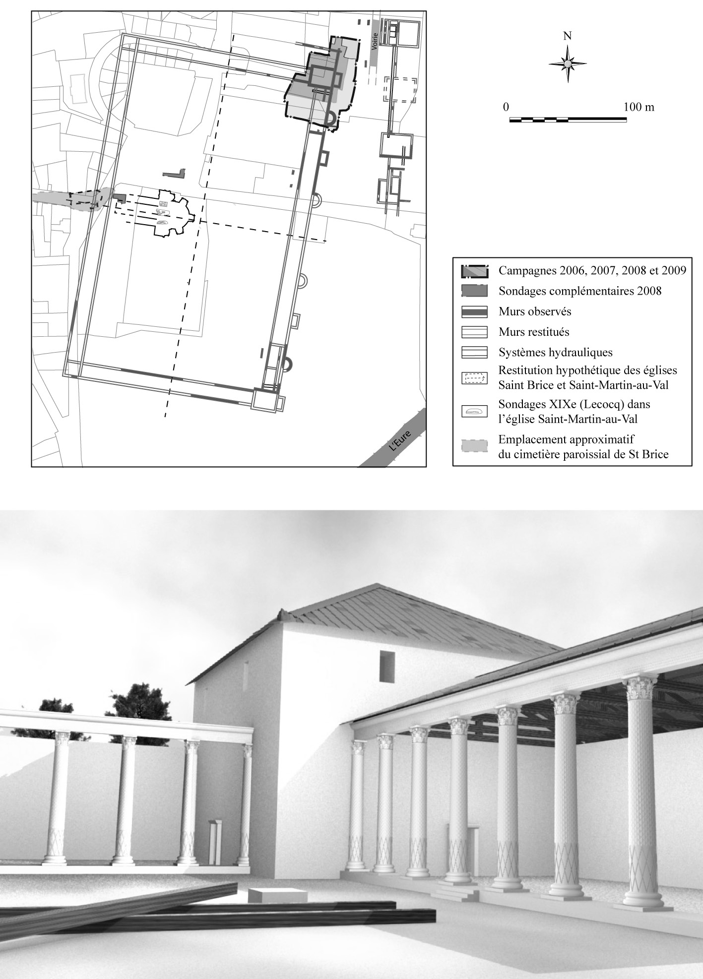 Fig. 5 – Plan du complexe monumental de Saint-Martin-au-Val et restitution de son angle Nord-Ouest (3D F. Fouriaux).