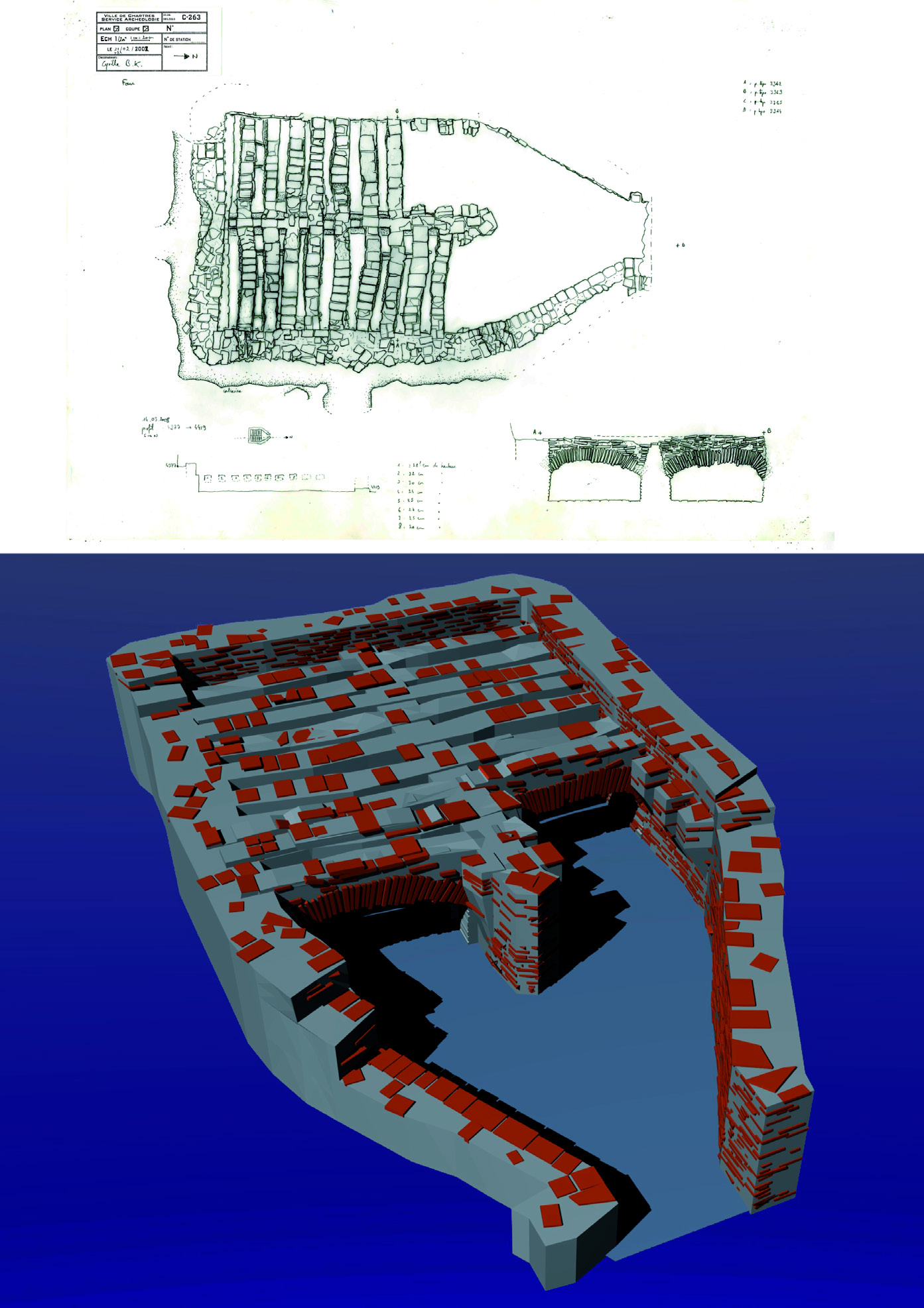 Fig. 9 – Relevé et modélisation en 3D des vestiges d’un four de tuilier moderne (XVIIe-XVIIIe s.).