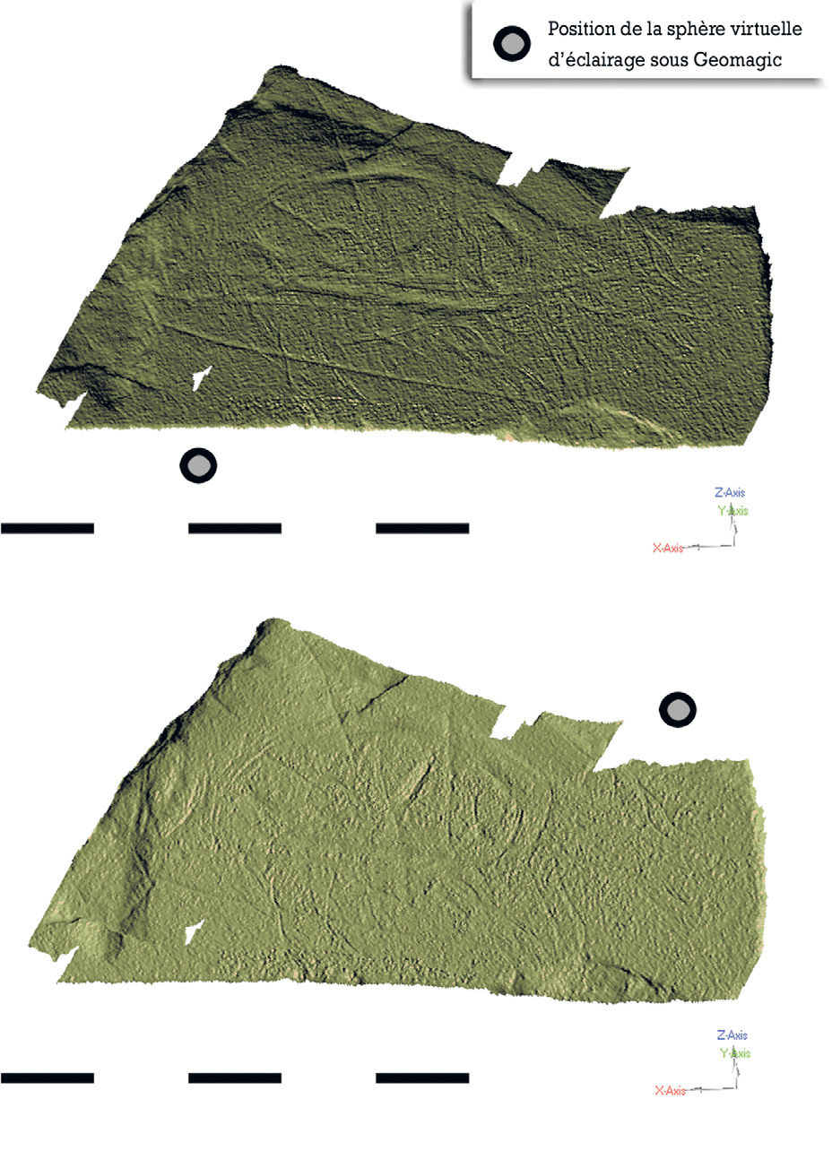 Fig. 4 – Ours gravé, plaquette de la Marche (D50-7-293, collection Musée de l’Homme), photographies virtuelles du scan haute résolution (logiciel Geomagic).