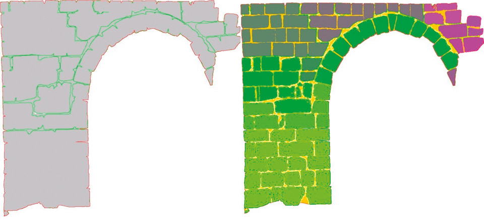 Fig. 8 – Orthophoto (dans texture) générées par une requête sur la base de données: visualisation du périmètres des USM présentent dans le plan de projection donné avec dessin du périmètre global (toutes les USM) en rouge. Une couleur arbitraire est attribué au polygone englobant (rouge). A droite toujours sans information de texture sont représentés les blocs de chaque USM presente. Une couleur unique est attribué aux bloc de chaque USM. Le mortier est dessiné en jaune. Voir Pl. XII, c.