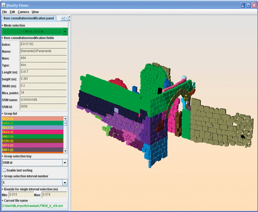 Fig. 9 – Visualisation 3D des bloc avec une couleur en fonction de leur USM. Le panneau de gauche permet la consultation/modification du bloc selectionné.