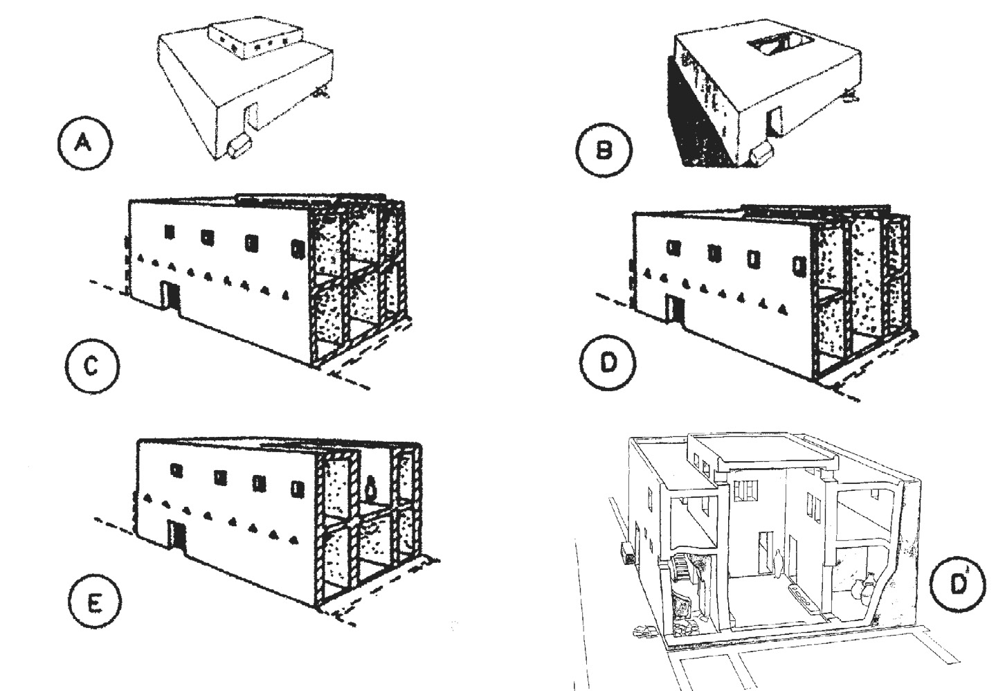 Fig. 4 – Different reconstruction hypotheses for the Red House of Mari (Margueron 1996, except D’, published individually in Margueron 2004, fig. 153).